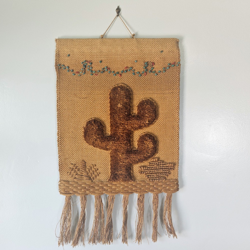 Vintage 1986 ICA Woven Jute Wall Hanging Saguaro Cactus Turquoise Beads Art 80s